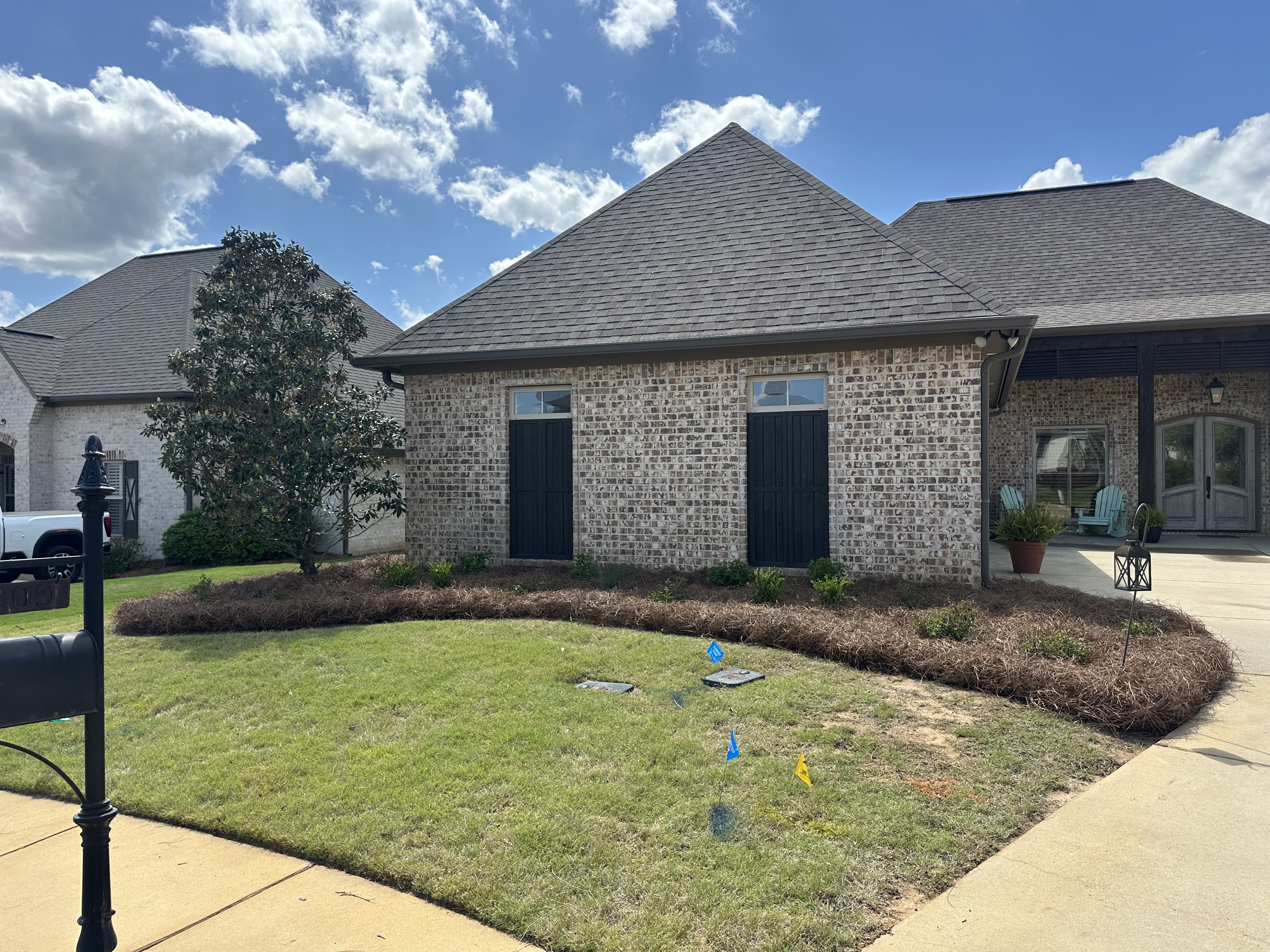 Fresh landscape install — mulched beds
